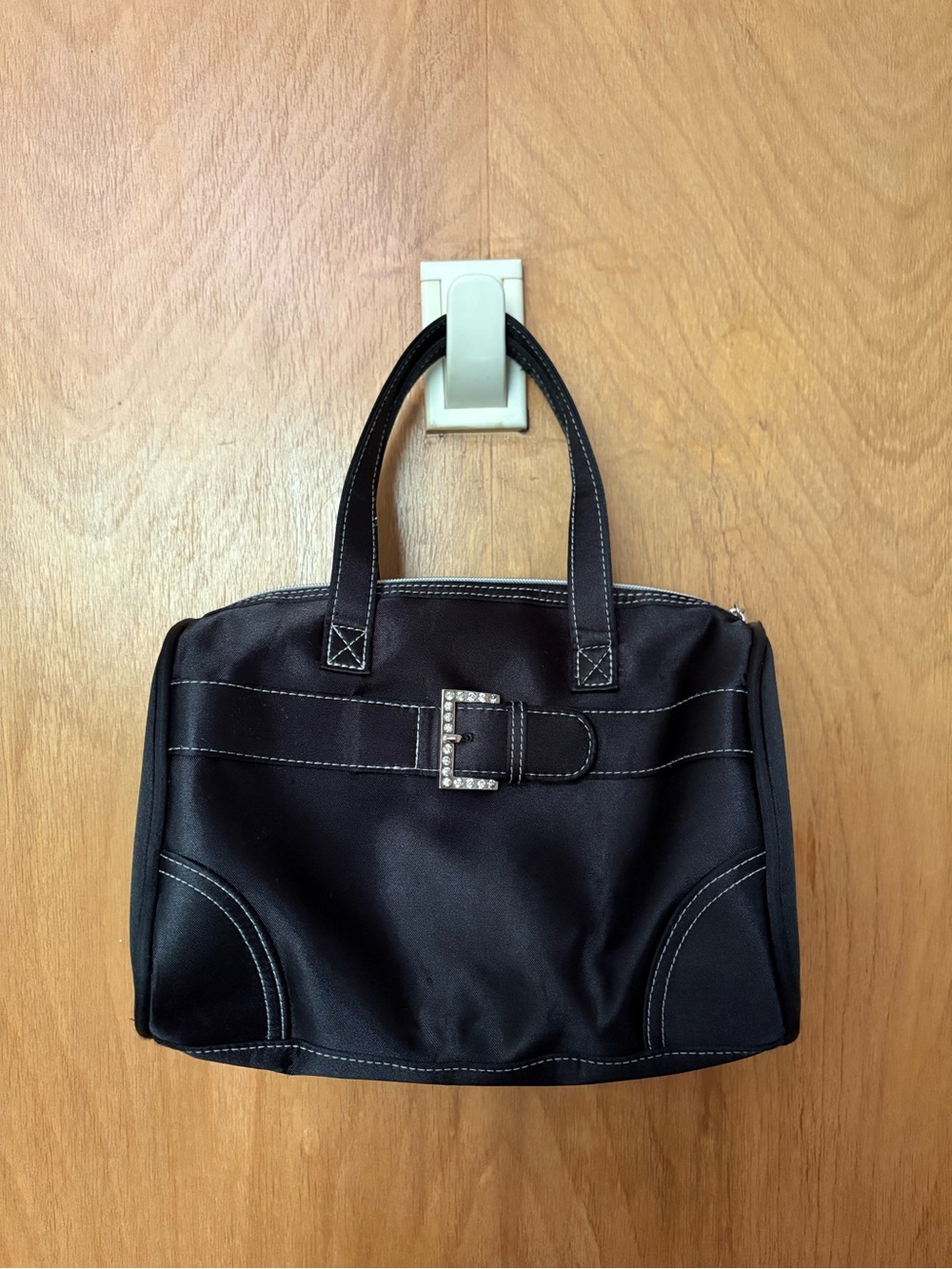 Black Satin Top-Handle Women’s Bag with Buckle Accent